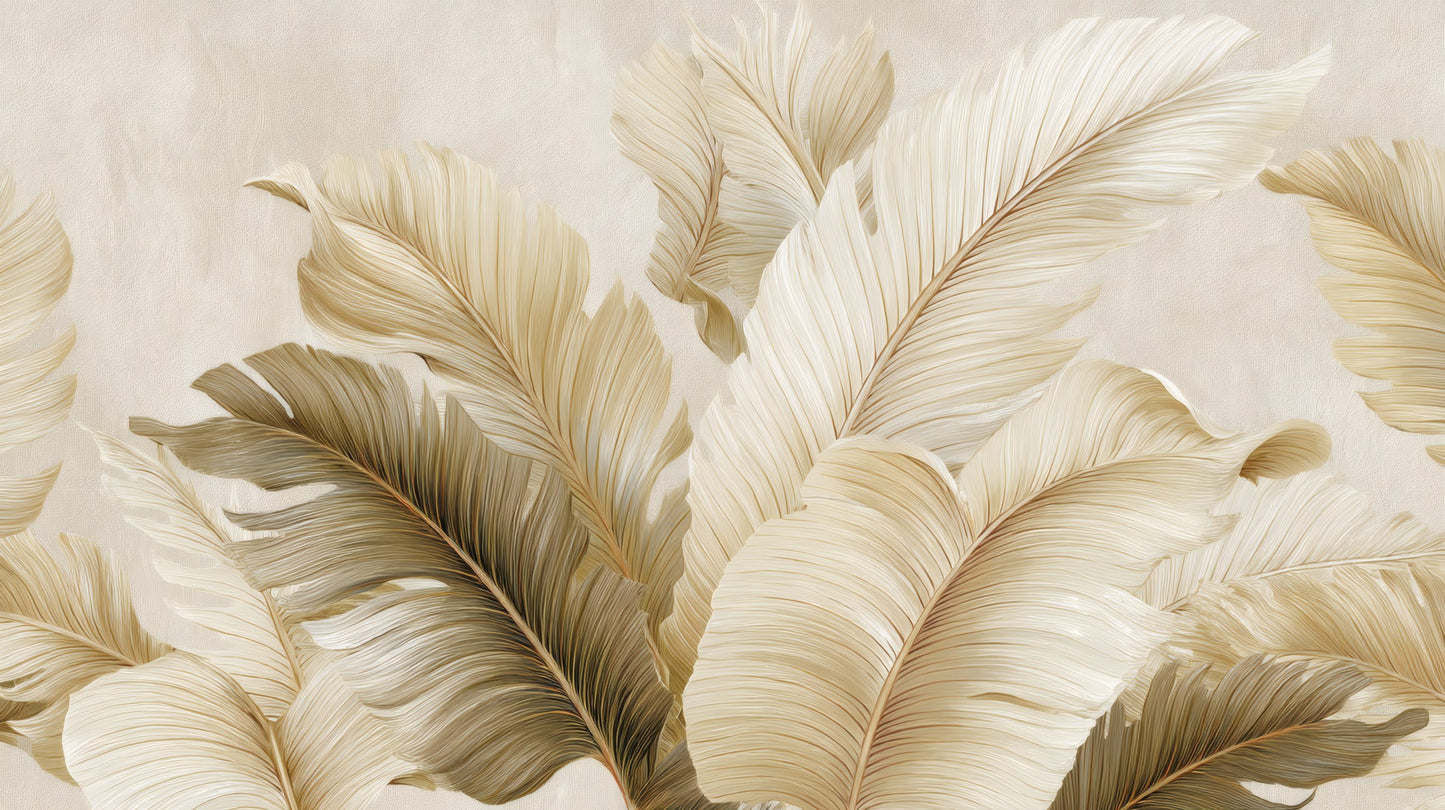 Stylized large tropical leaves in shades of cream and beige against a textured parchment background.