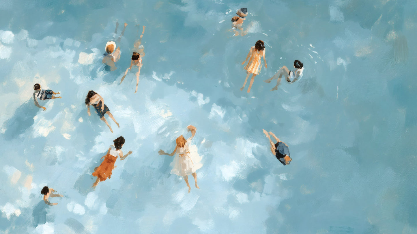 Impressionist painting of people swimming in light blue water with visible brushstrokes and sunlit highlights.