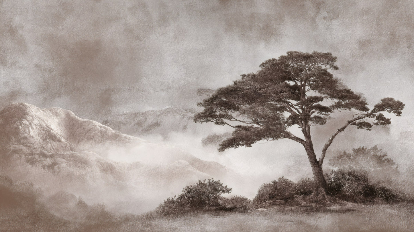 A sepia-toned landscape mural featuring a detailed solitary pine tree and misty mountain peaks in the background.