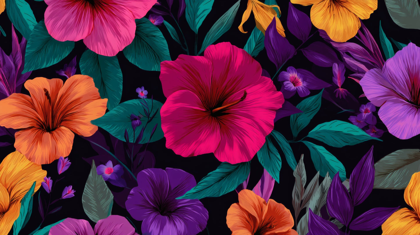 Vibrant pink and orange hibiscus blossoms among dark teal leaves on a black background.