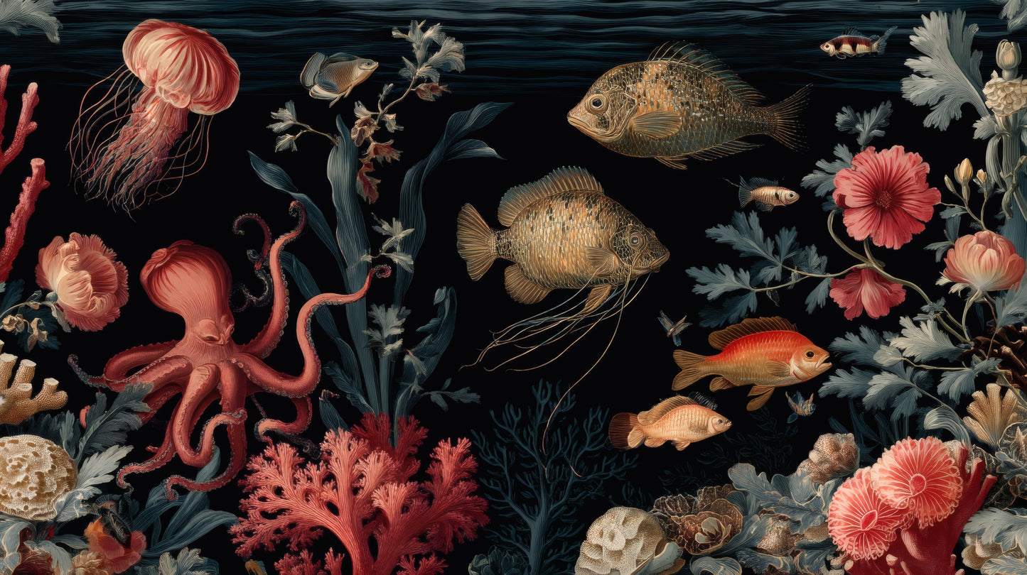 Detailed illustration of an octopus, jellyfish, and fish swimming among colorful coral on a black background.