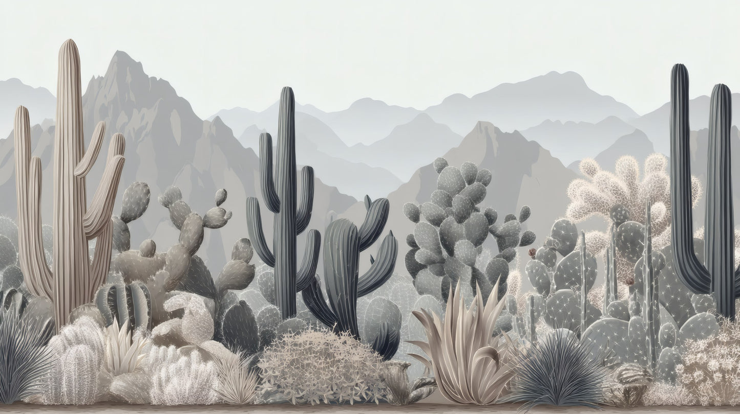 A monochromatic desert mural with tall saguaro and prickly pear cacti against layered mountain peaks.