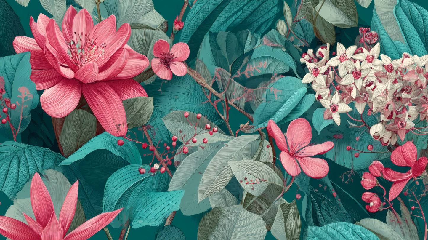 A detailed wall mural featuring large pink flowers and small white blossoms among layered teal and green tropical leaves.