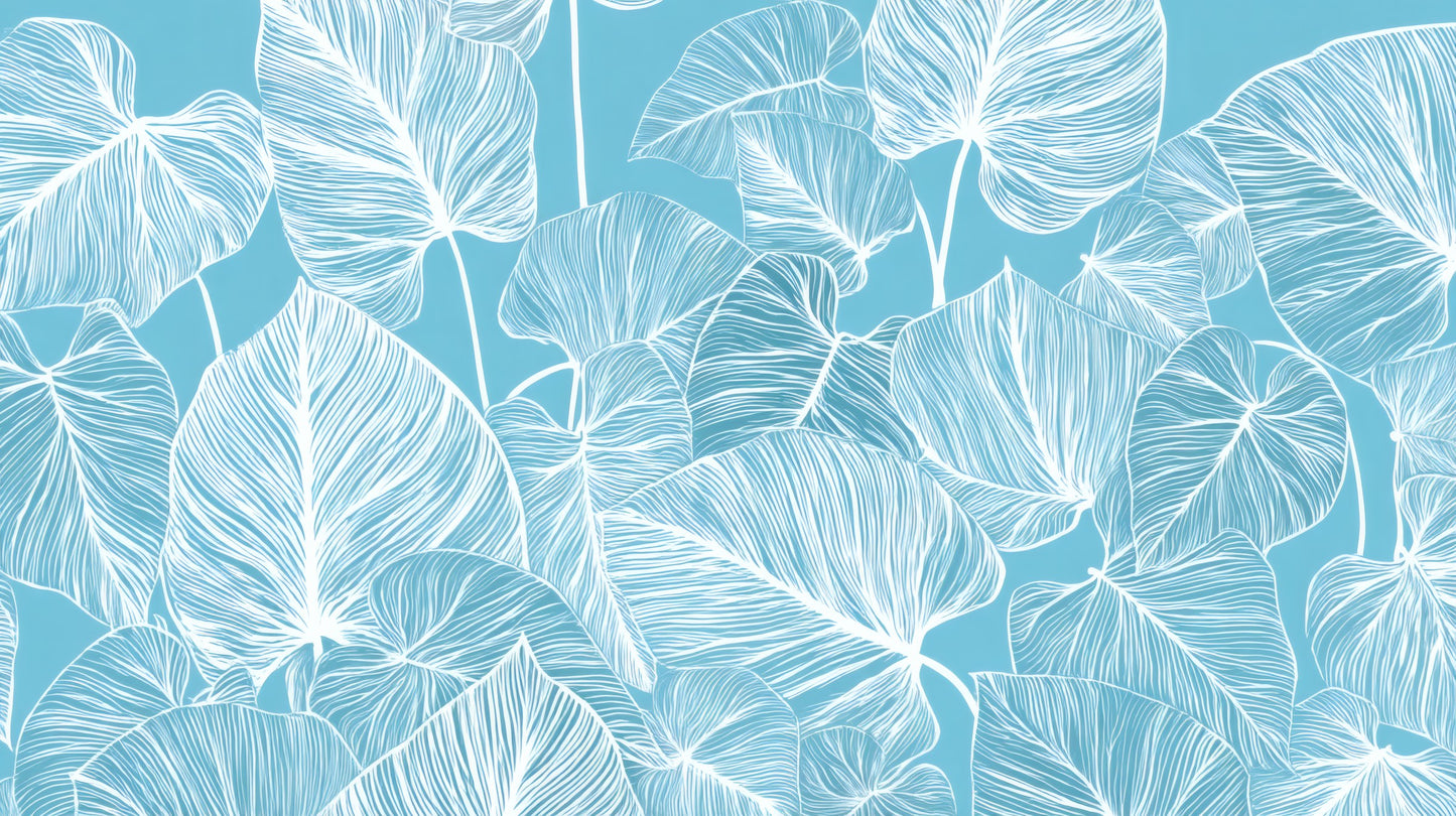 White hand-drawn tropical leaf outlines overlapping on a soft blue background.