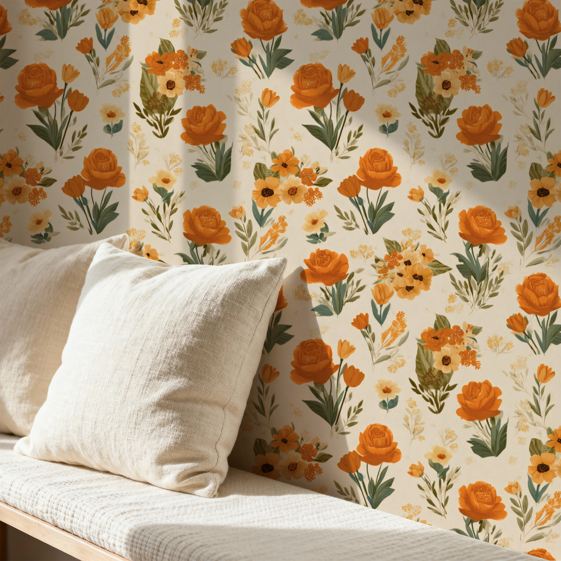 Amber Garland wallpaper with orange flowers behind a cushioned daybed