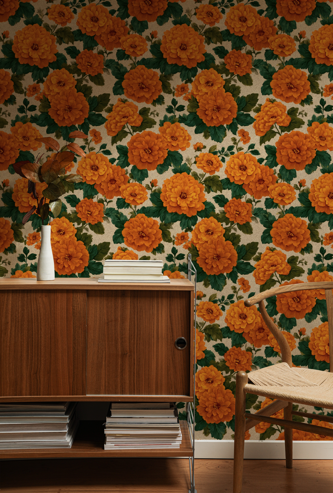 Full Marigold wallpaper with orange blooms behind a walnut sideboard