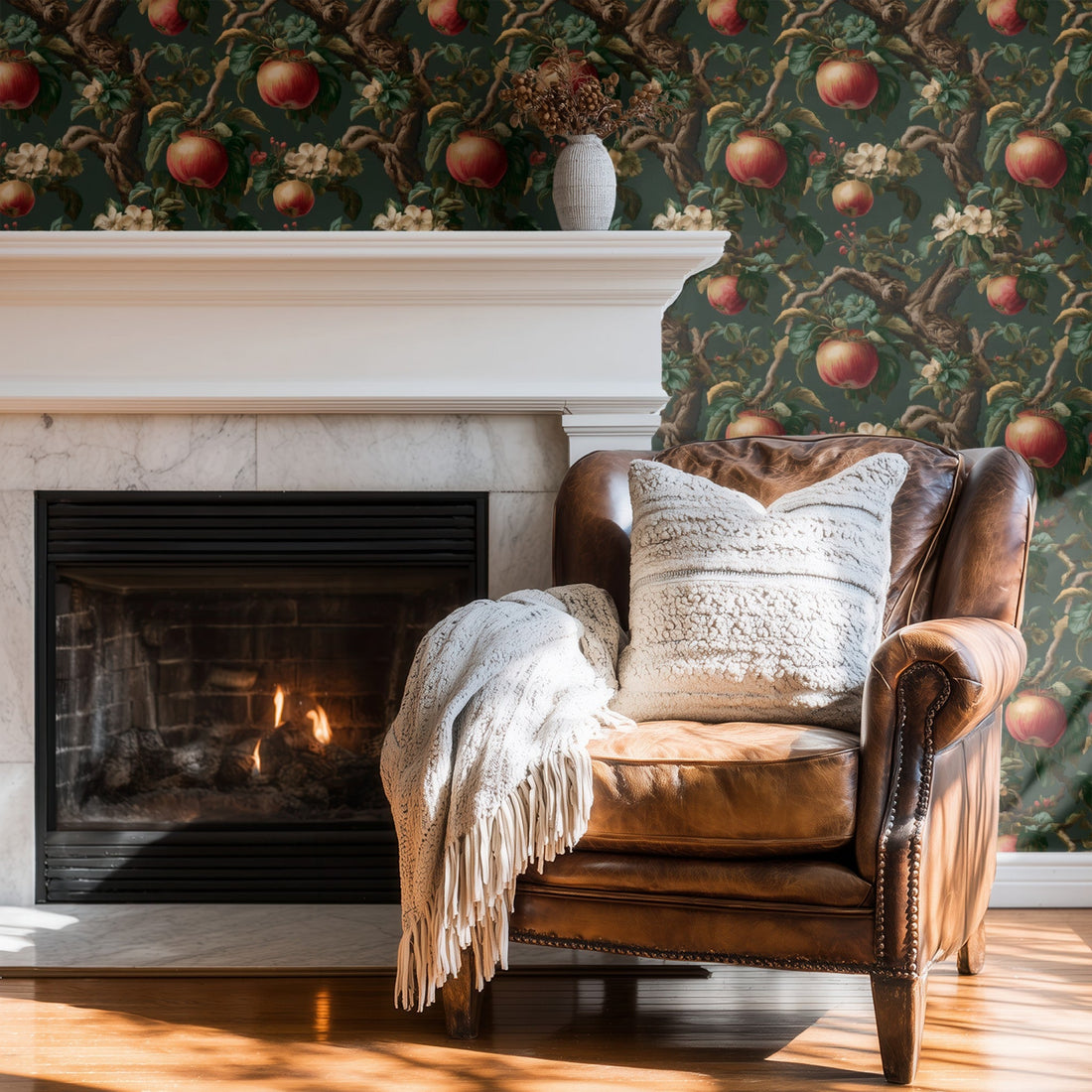 Orchard Bough wallpaper beside a fireplace and leather armchair