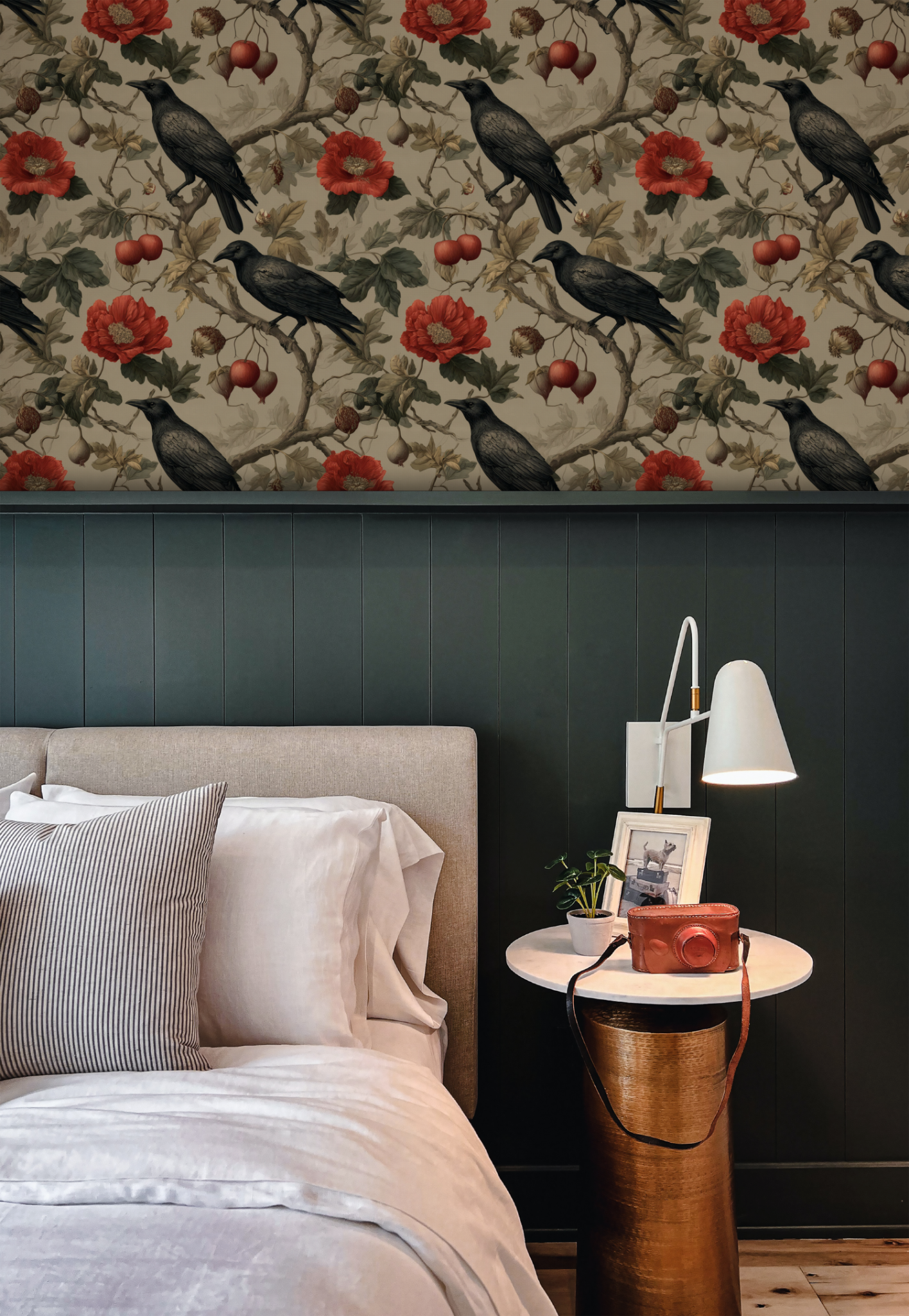 Corvid Orchard Wallpaper installed in a room mockup