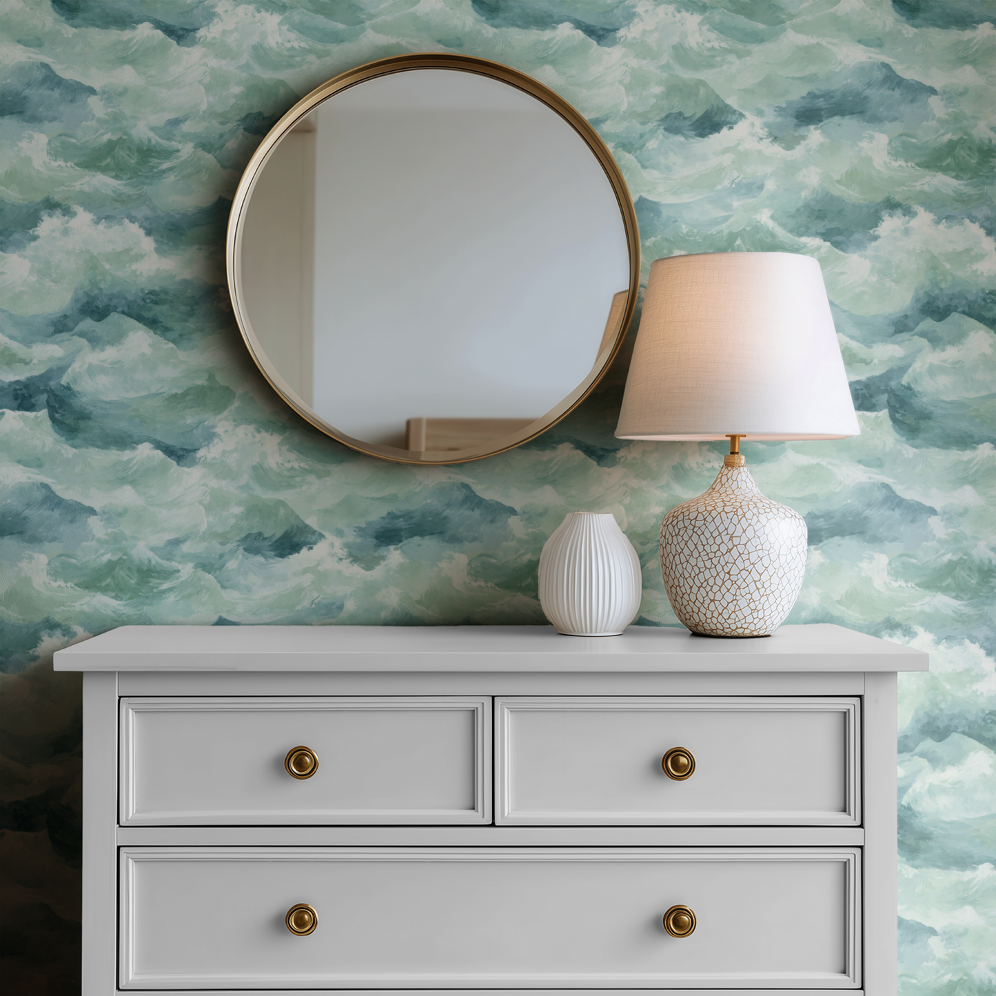 Emerald Breaker Wallpaper installed in a room mockup