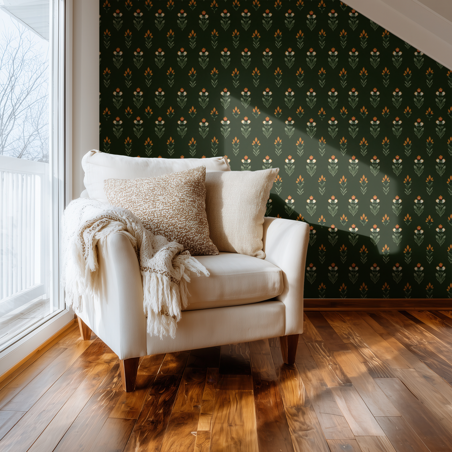Mughal Sprig Wallpaper installed in a room mockup