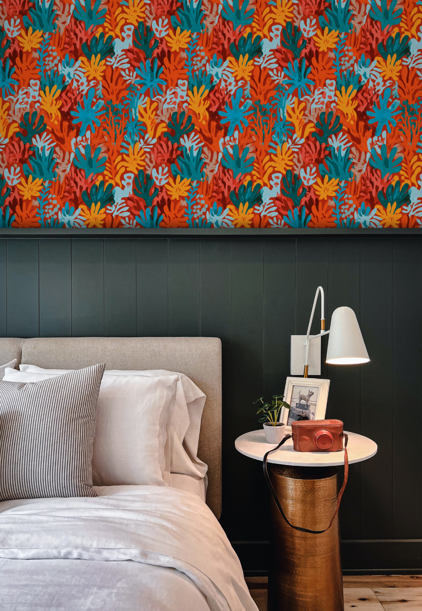 Cinnabar Reef Tapestry Wallpaper installed in a room mockup
