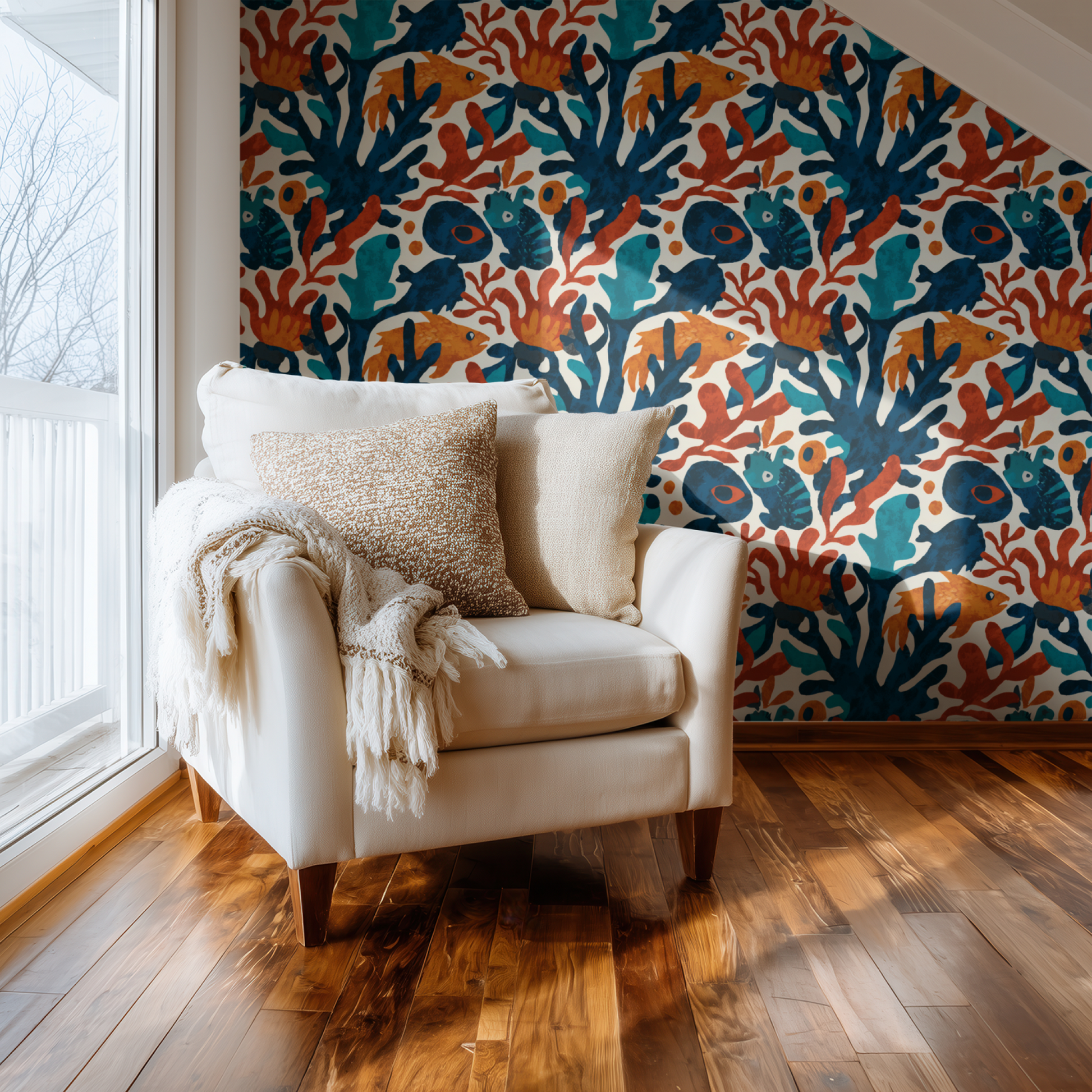 Azure Reef Menagerie Wallpaper installed in a room mockup