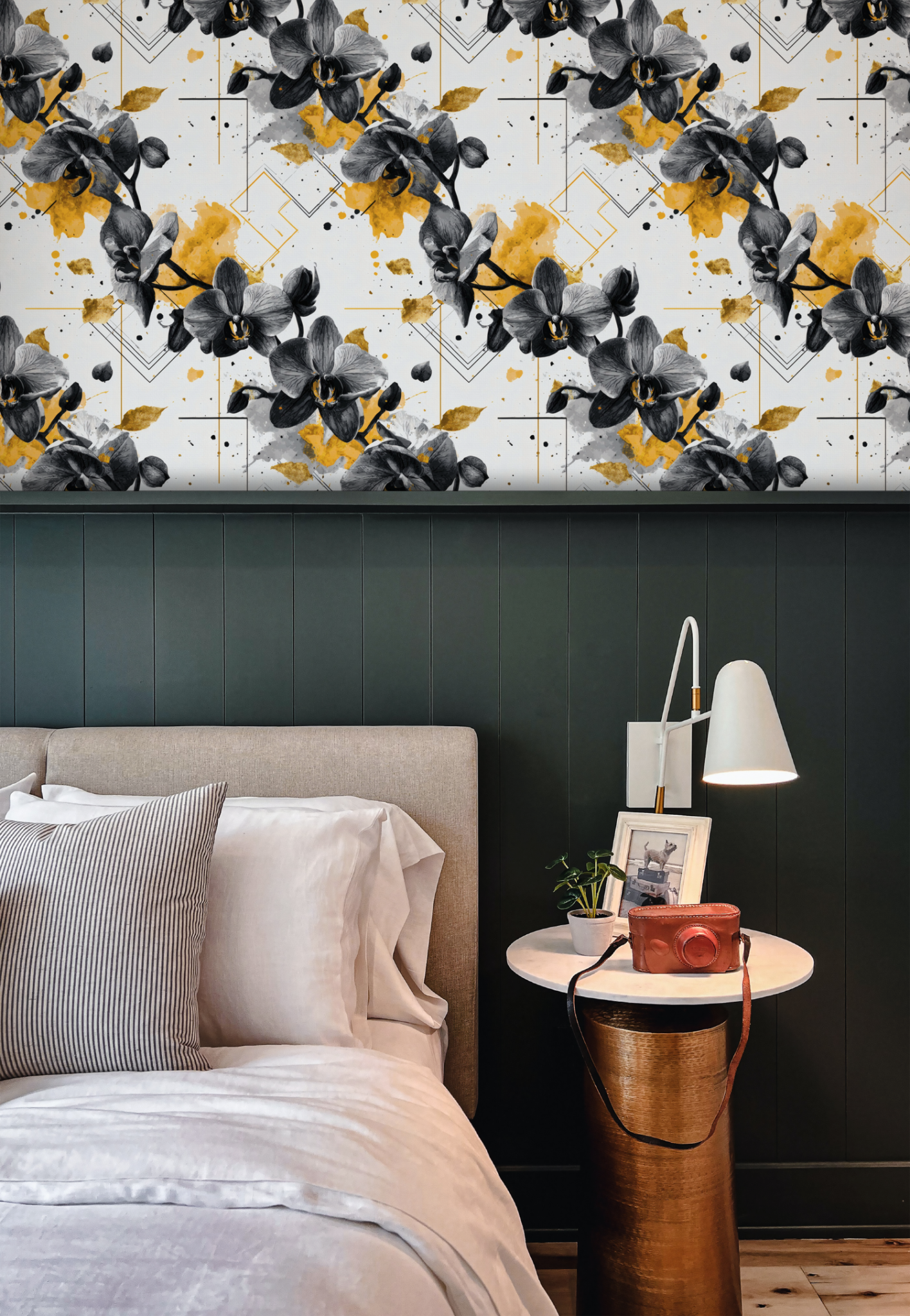 Obsidian Ochre Orchid Wallpaper installed in a room mockup