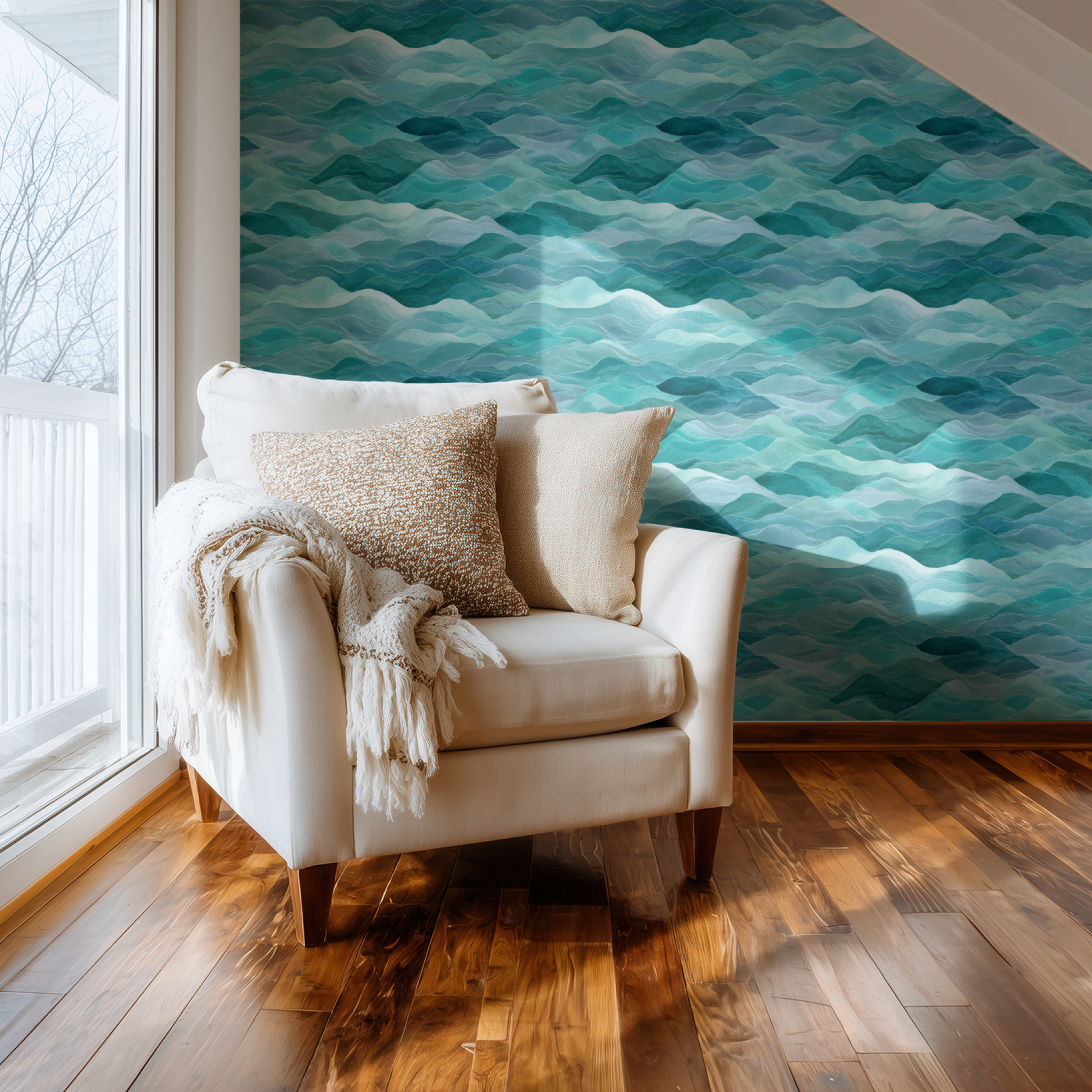 Cerulean Tideline Wallpaper installed in a room mockup