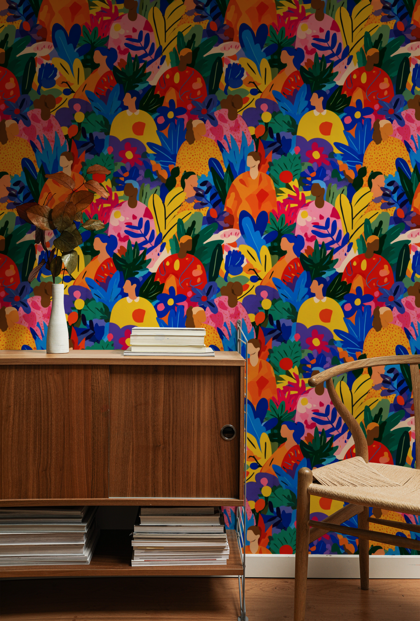 Vivid Kinship Wallpaper installed in a room mockup