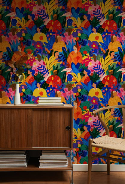 Vivid Kinship Wallpaper installed in a room mockup