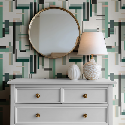 Bauhaus Teal Grid Wallpaper installed in a room mockup
