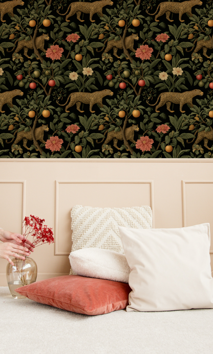 Midnight Leopard Jungle Wallpaper installed in a room mockup