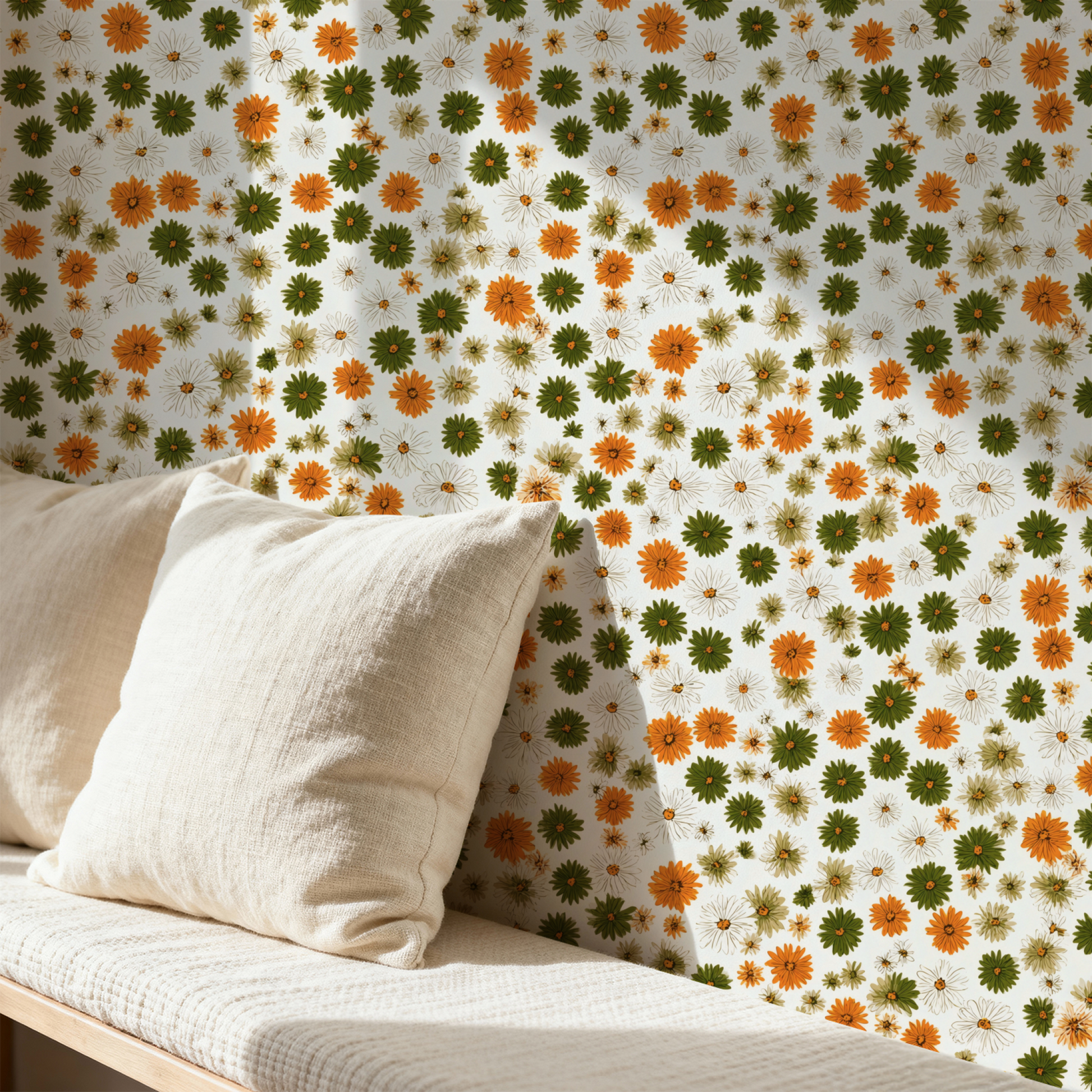 Olive Daisy Field Wallpaper installed in a room mockup