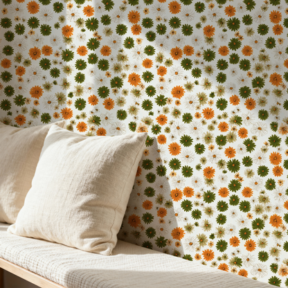 Olive Daisy Field Wallpaper installed in a room mockup