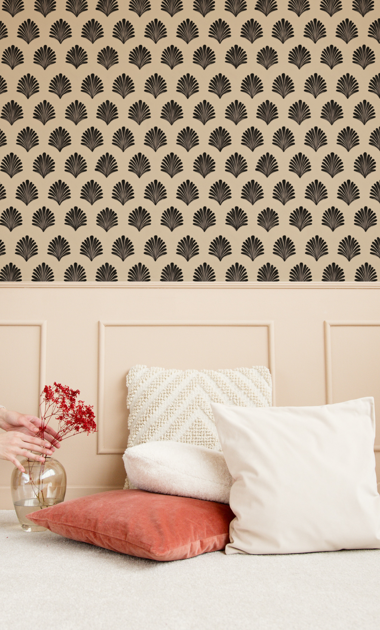 Palmette Row Wallpaper installed in a room mockup