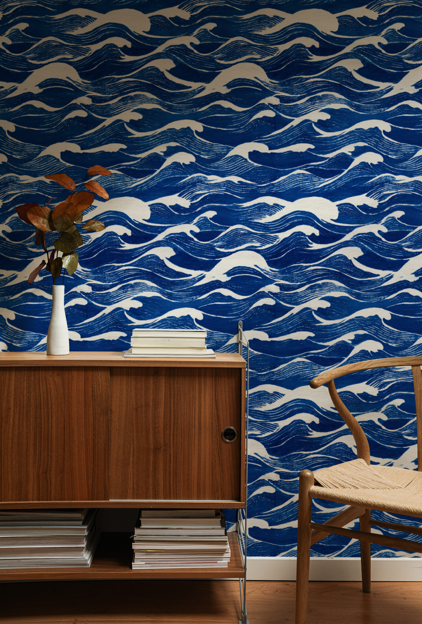 Indigo Swell Wallpaper installed in a room mockup
