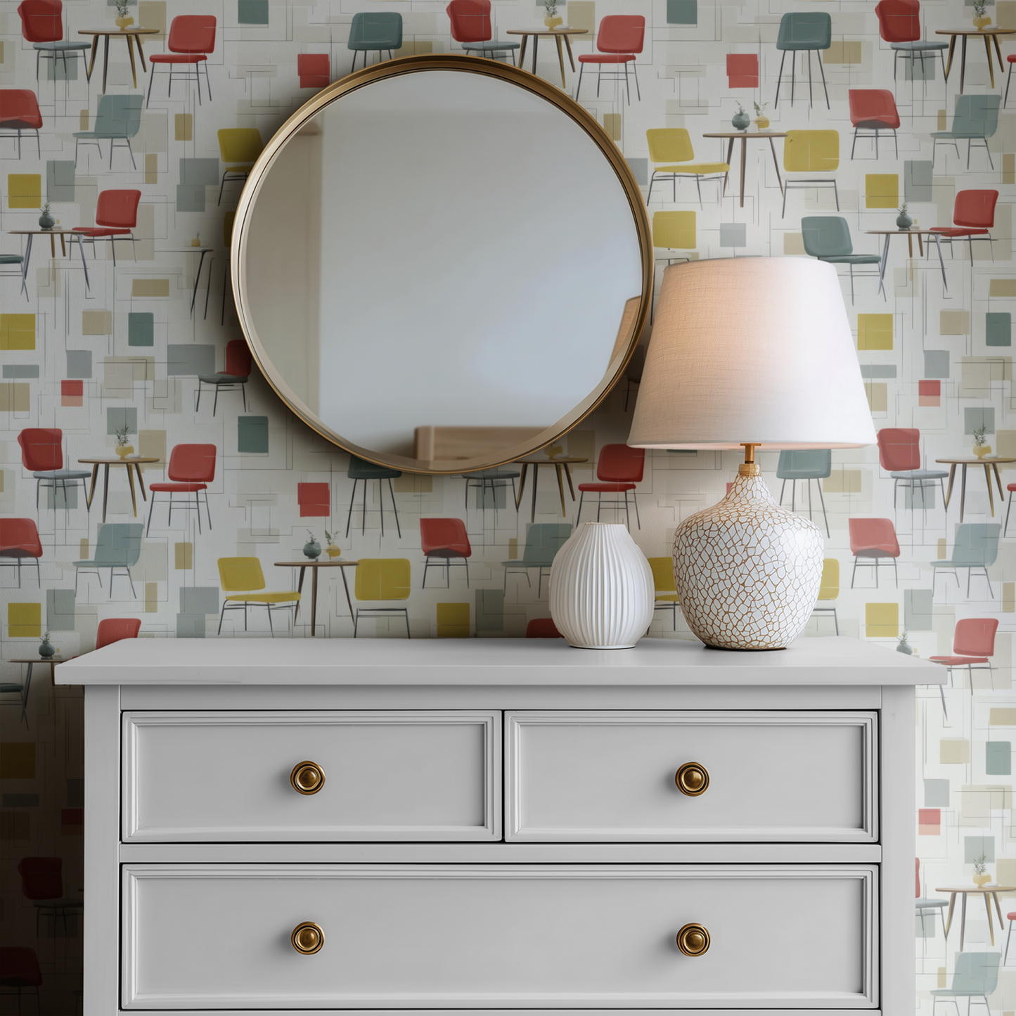 Eames Parlour Wallpaper installed in a room mockup