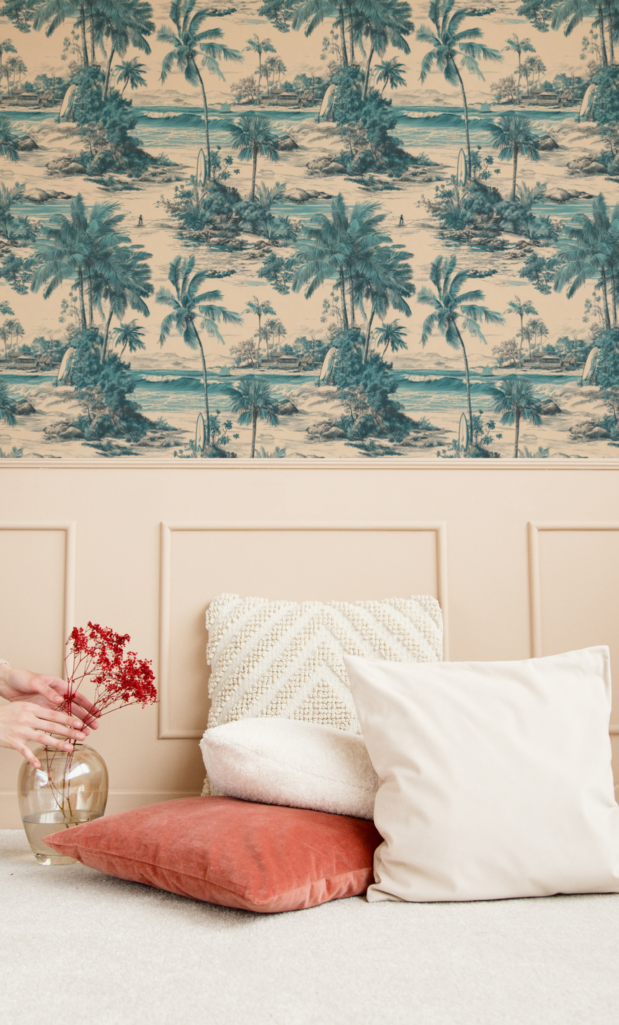 Pacific Cove Toile Wallpaper installed in a room mockup