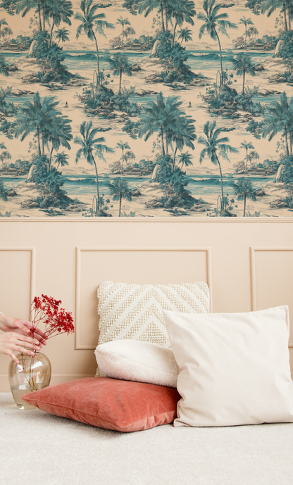Pacific Cove Toile Wallpaper installed in a room mockup