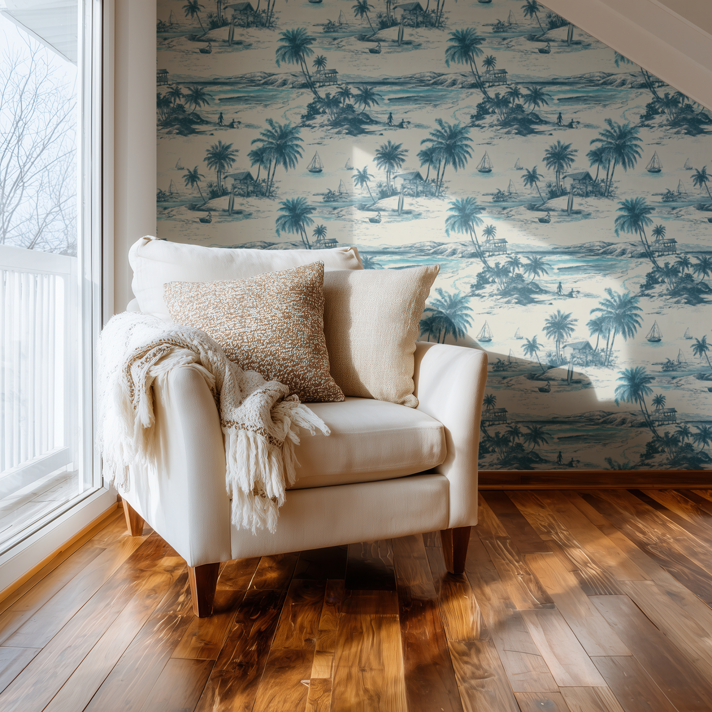 Tradewind Shore Toile Wallpaper installed in a room mockup