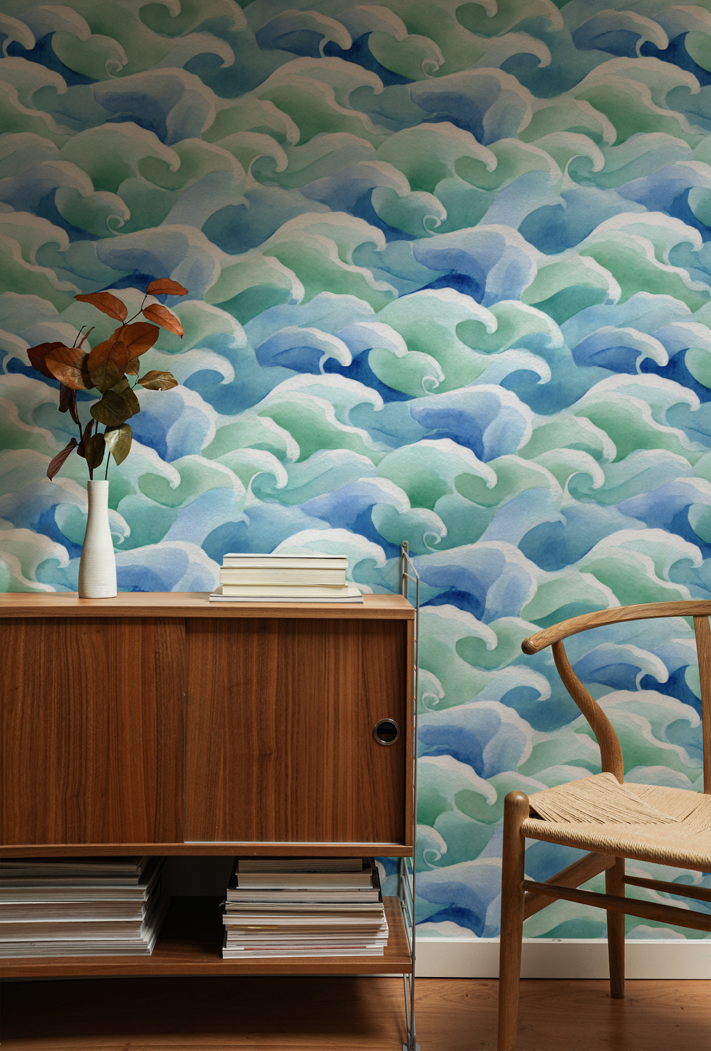 Seafoam Drift Wallpaper installed in a room mockup