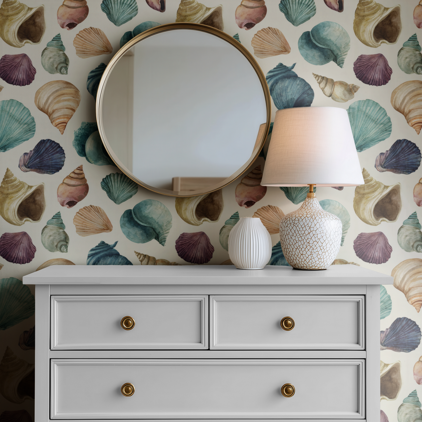 Collector's Shell Wallpaper installed in a room mockup
