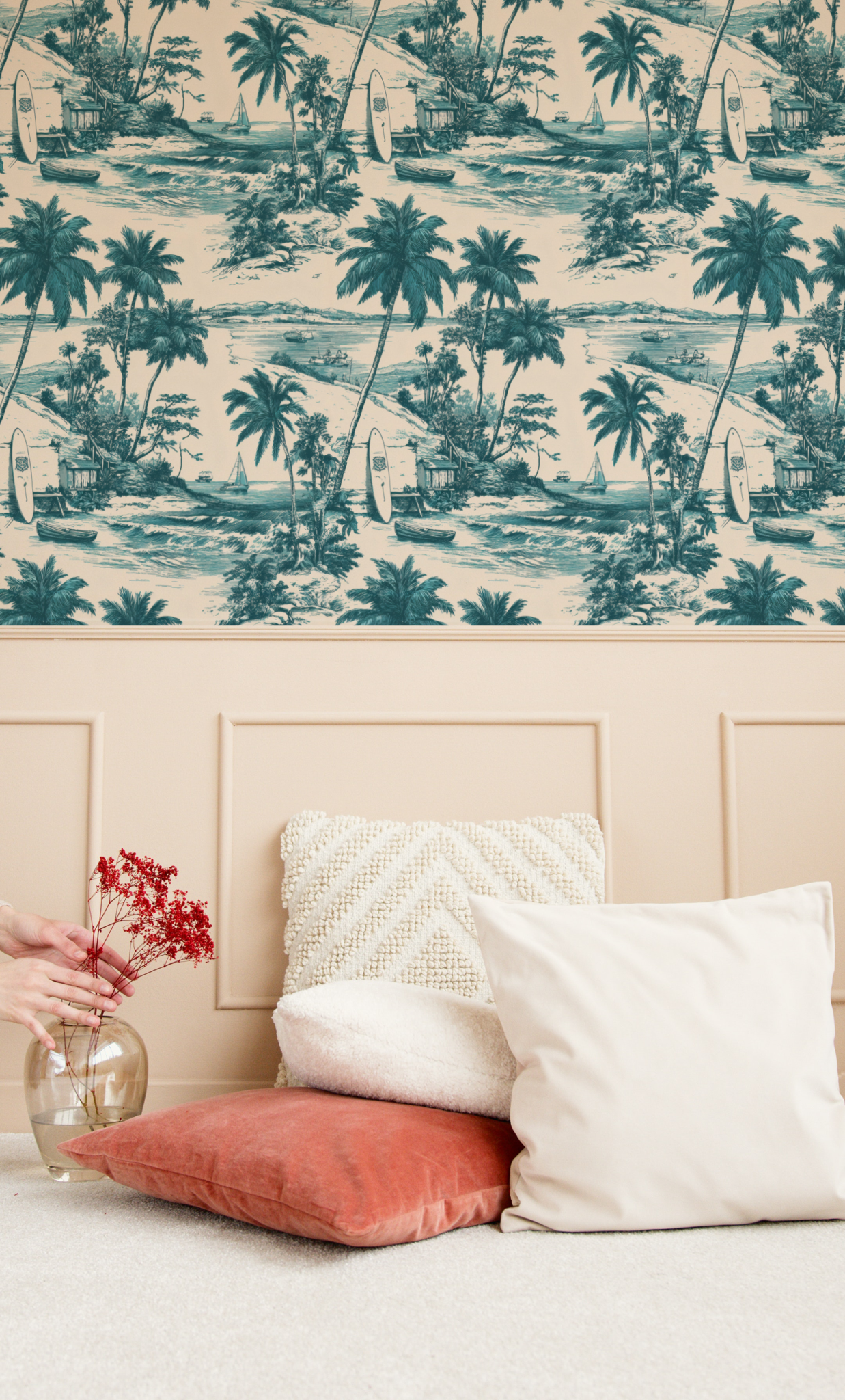 Lagoon Harbour Toile Wallpaper installed in a room mockup