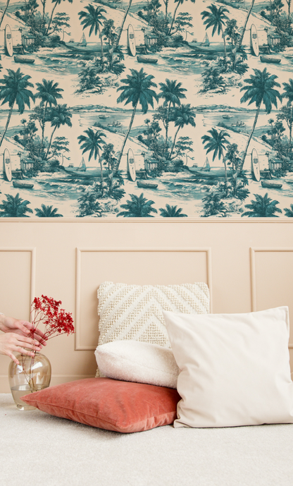 Lagoon Harbour Toile Wallpaper installed in a room mockup