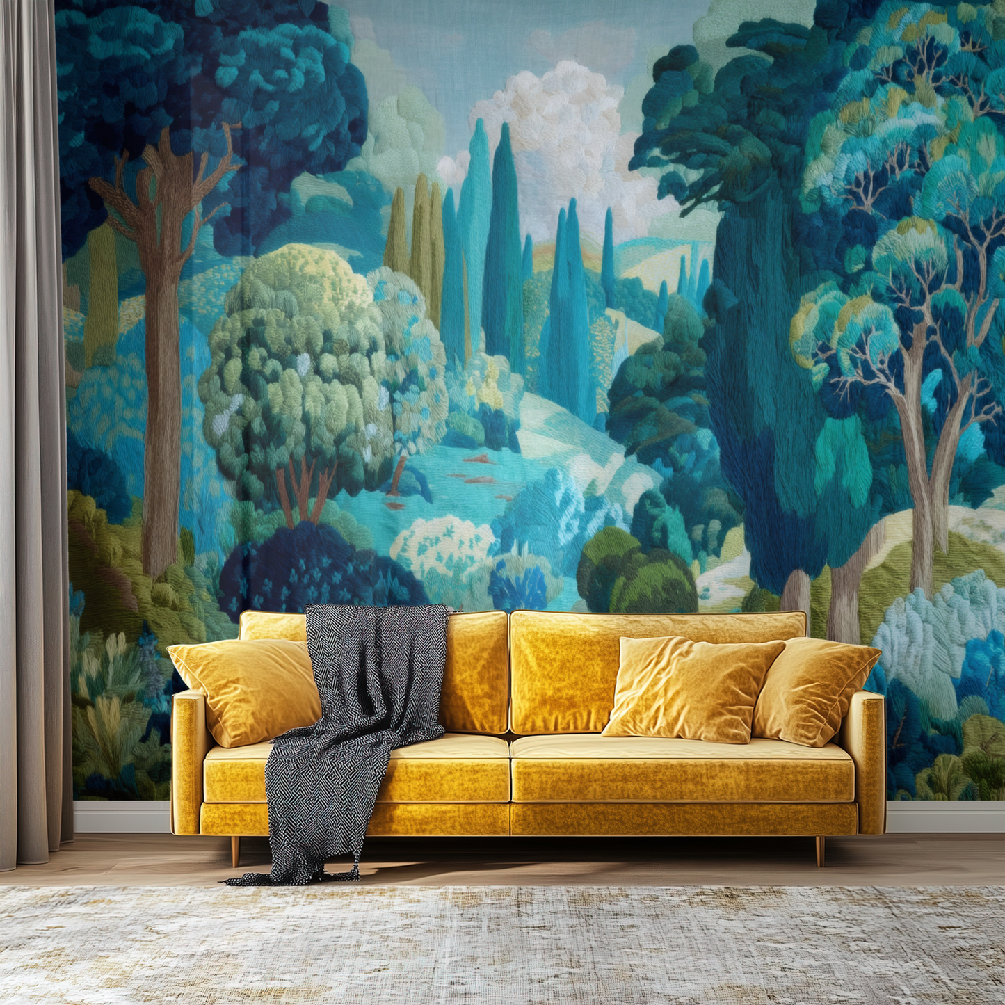 Azure Grove Tapestry Mural installed in a room mockup