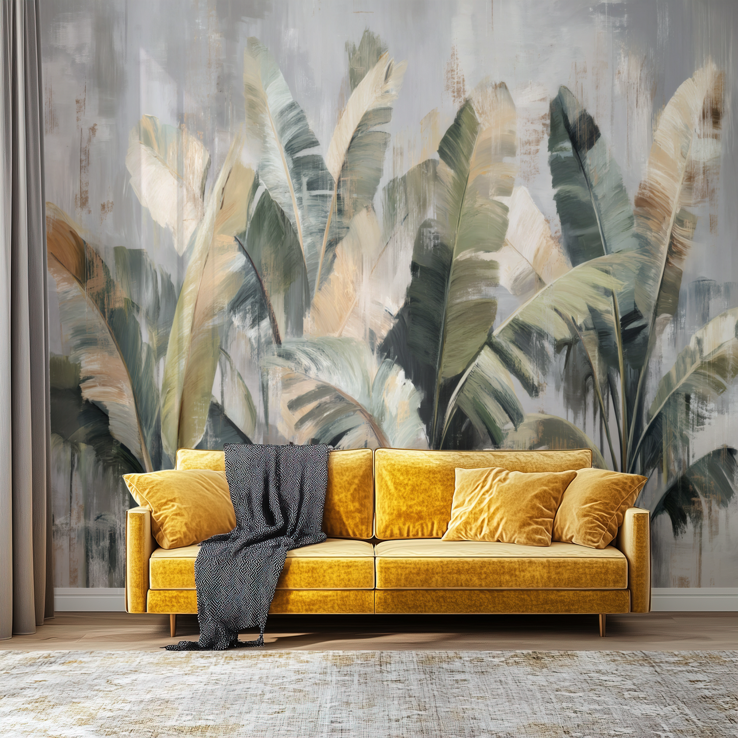 Muted Jungle Canopy Mural installed in a room mockup