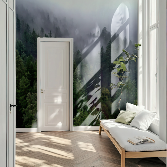 Misty Timber Ridge Mural installed in a room mockup
