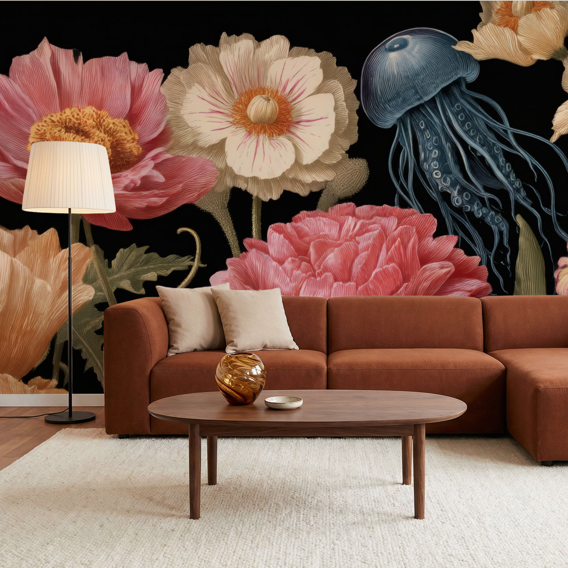 Abyssal Petal Reef Mural installed in a room mockup