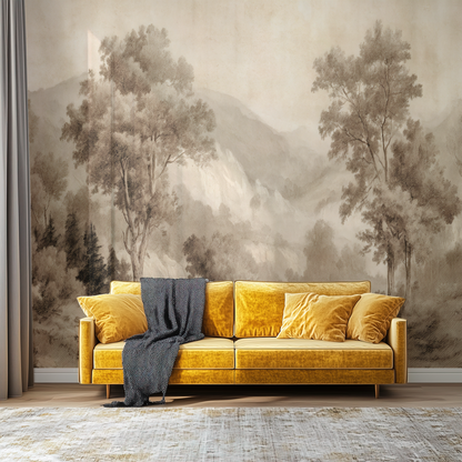 Sepia Highland Study Mural installed in a room mockup