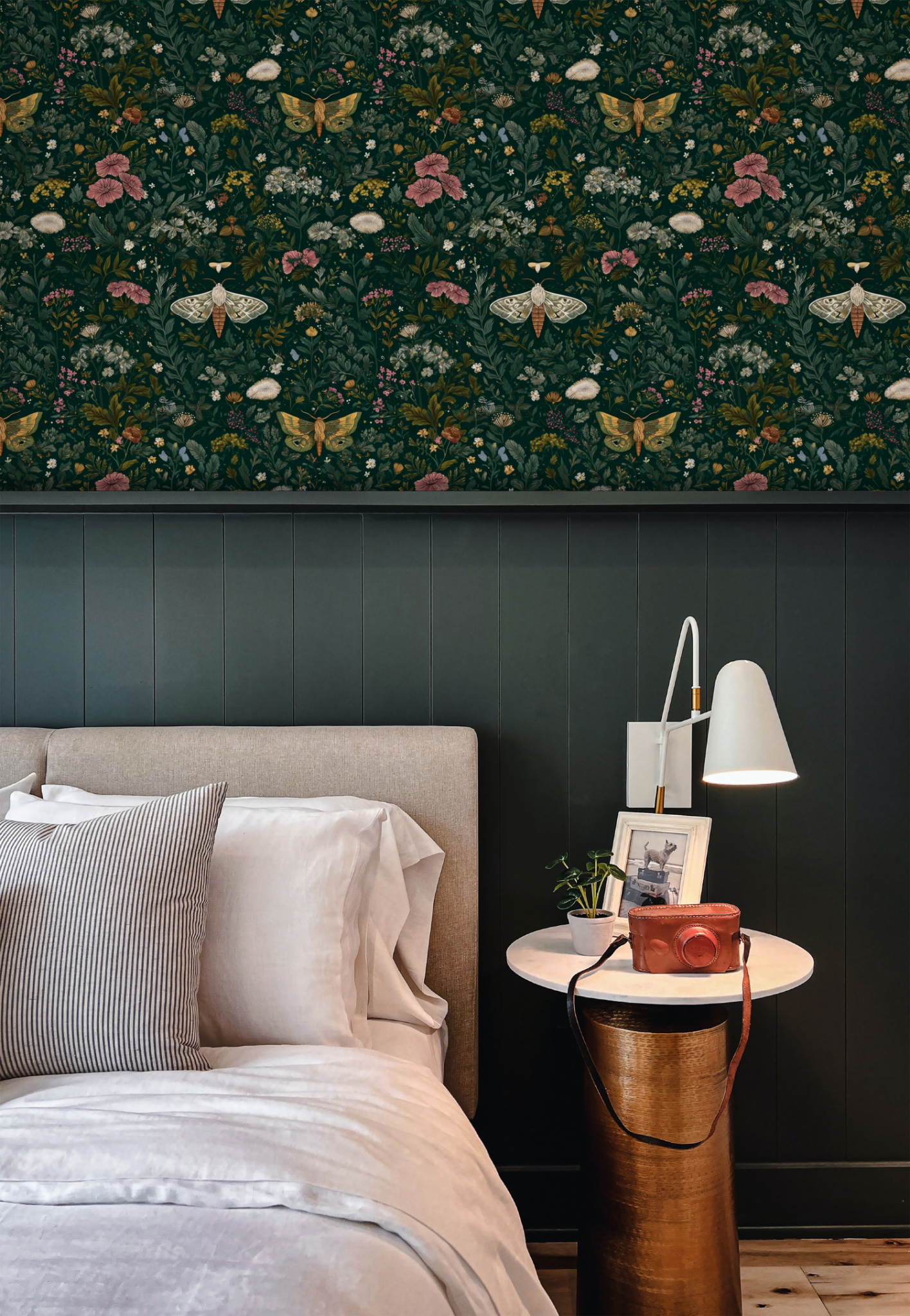Moth Garden Tapestry Wallpaper installed in a room mockup