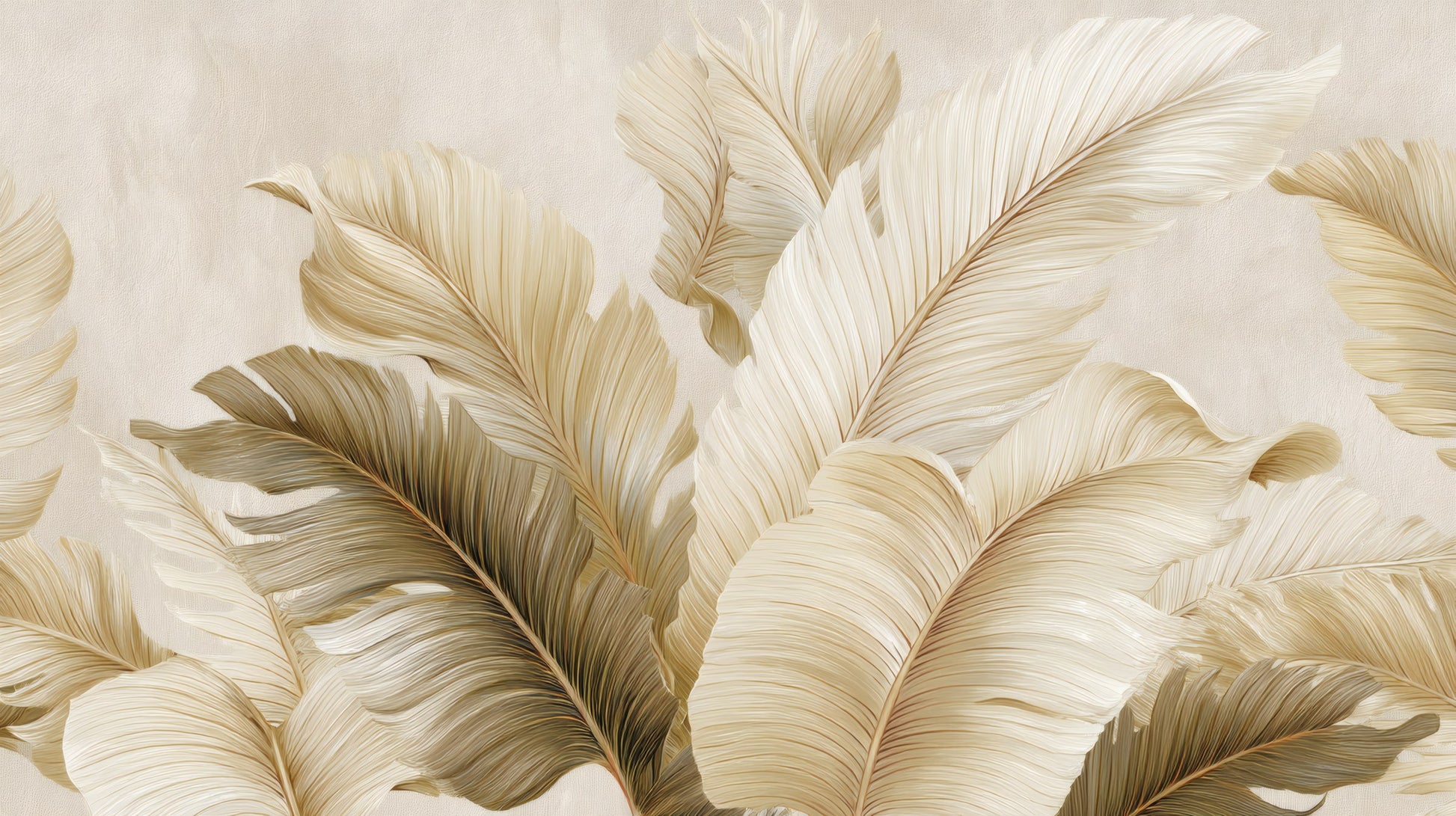 Stylized large tropical leaves in shades of cream and beige against a textured parchment background.