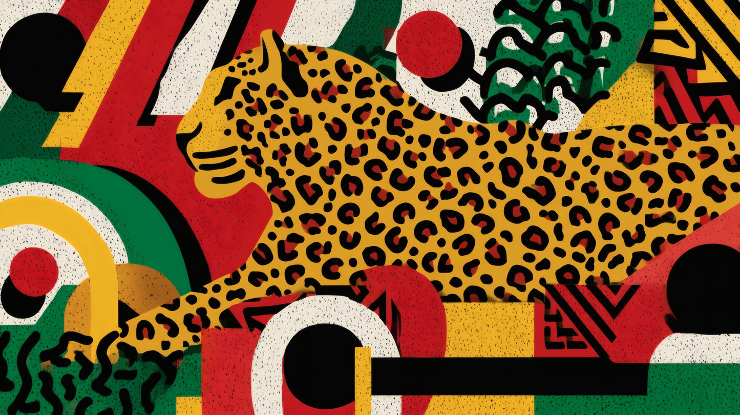 A graphic leopard illustration among bold red, green, and yellow shapes with a textured finish.