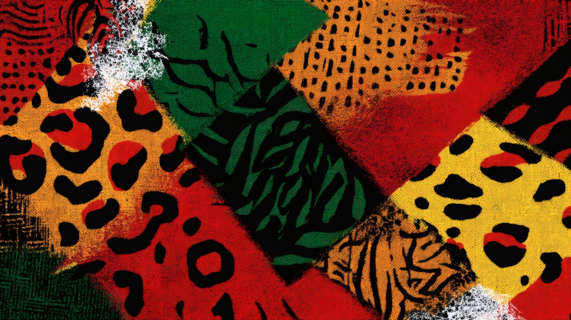 Patchwork mural with red, green, and yellow panels featuring leopard and zebra animal prints and grainy textures.