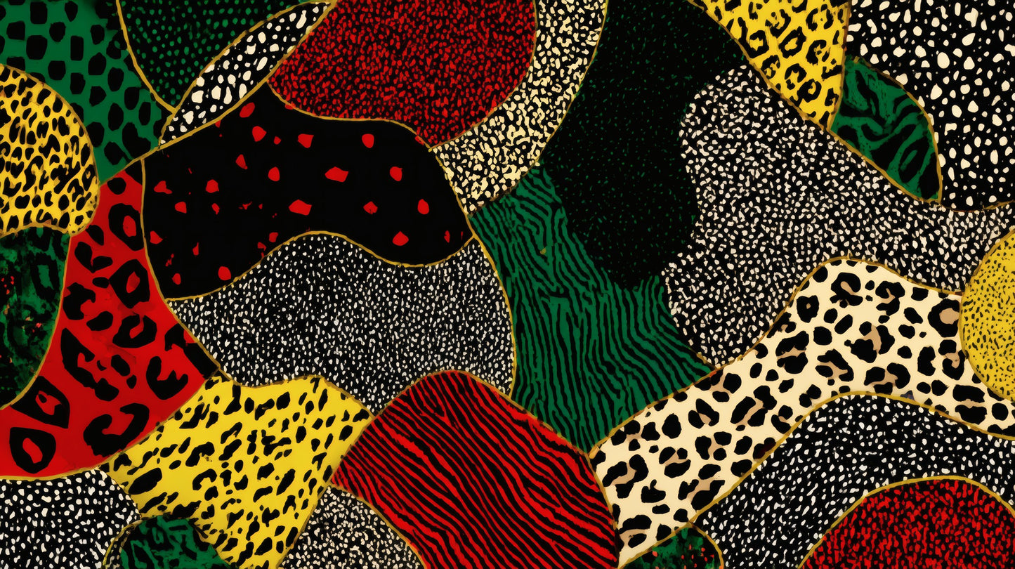 A vibrant patchwork of animal prints in red, green, yellow, and black separated by thin gold outlines.