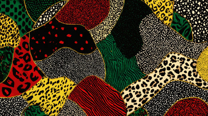 A vibrant patchwork of animal prints in red, green, yellow, and black separated by thin gold outlines.