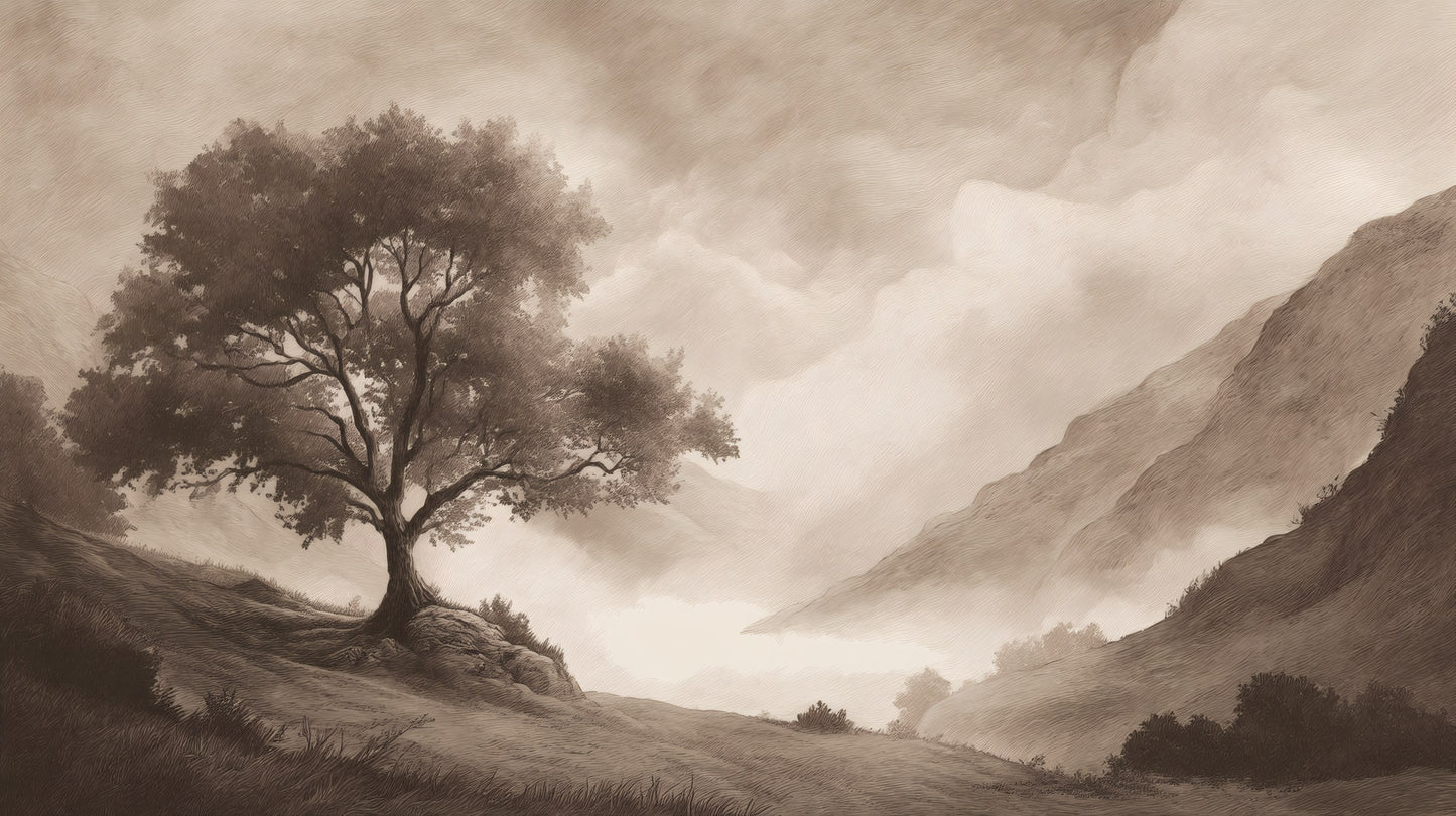 A sepia-toned hand-drawn landscape mural featuring a large tree on a hillside overlooking misty mountains and valleys.