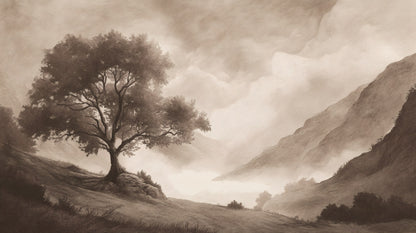 A sepia-toned hand-drawn landscape mural featuring a large tree on a hillside overlooking misty mountains and valleys.