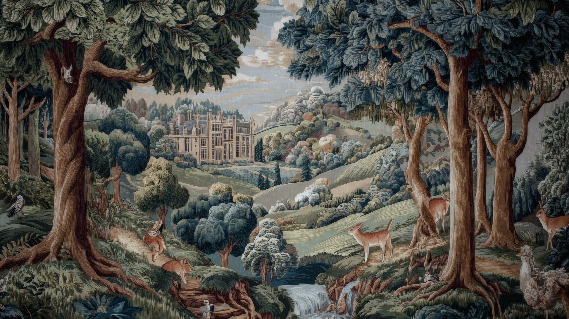 Woven tapestry wall mural depicting a grand manor house, deer in a forest, and rolling green hills.
