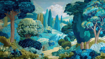 A landscape mural in a needlepoint embroidery style featuring teal and green trees and rolling hills.