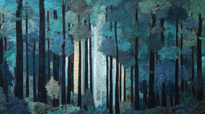 A textured wall mural of a blue forest with dark tree trunks and light-colored embroidery-style foliage.